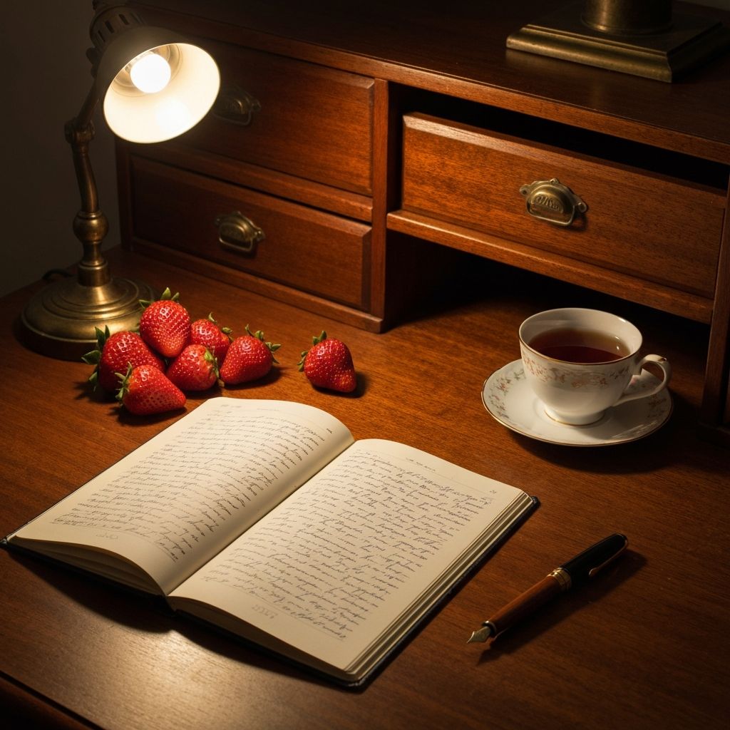 Vintage desk with journal and berries