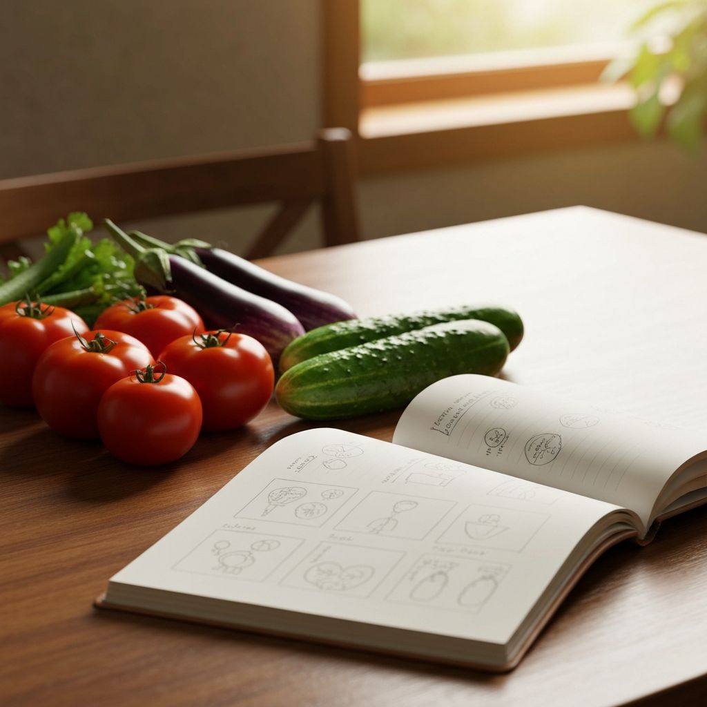 Wooden table with vegetables and notebook